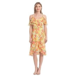 NWT London Times Floral Ruffle Cold Shoulder Faux Wrap Dress Women's Yellow SZ 4